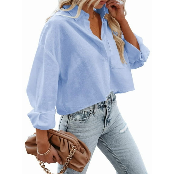 Womens Button Down Shirts Long Sleeve Casual Crop Tops Solid Lapel Blouse Shirt with Chest Pocket Light Blue XXL
