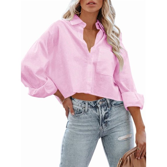 Womens Button Down Shirts Long Sleeve Casual Crop Tops Solid Lapel Blouse Shirt with Chest Pocket Pink M