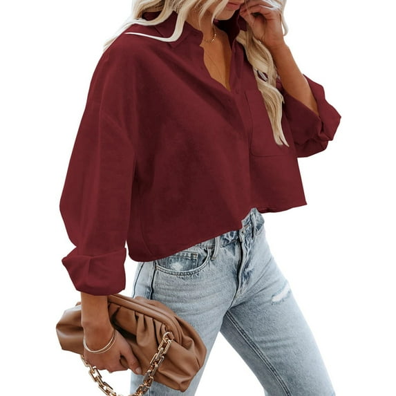 Womens Button Down Shirts Long Sleeve Casual Crop Tops Solid Lapel Blouse Shirt with Chest Pocket Red XXXL