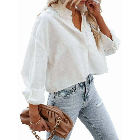 Womens Button Down Shirts Long Sleeve Casual Crop Tops Solid Lapel Blouse Shirt with Chest Pocket White L