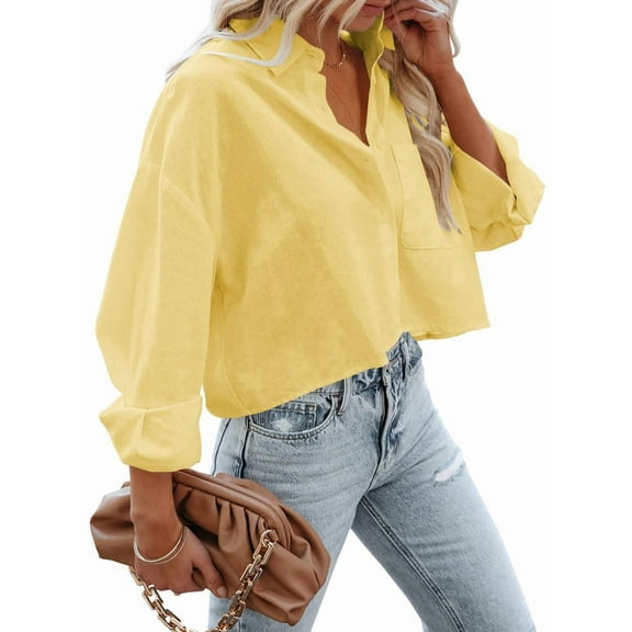 Womens Button Down Shirts Long Sleeve Casual Crop Tops Solid Lapel Blouse Shirt with Chest Pocket Yellow XXL