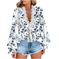 thumbnail image 1 of Womens Button Down Shirts Long Sleeve Casual Printed Lace Splicing Blouse V Neck Womens Drawstring Ruffle Shirt Tops, 1 of 8