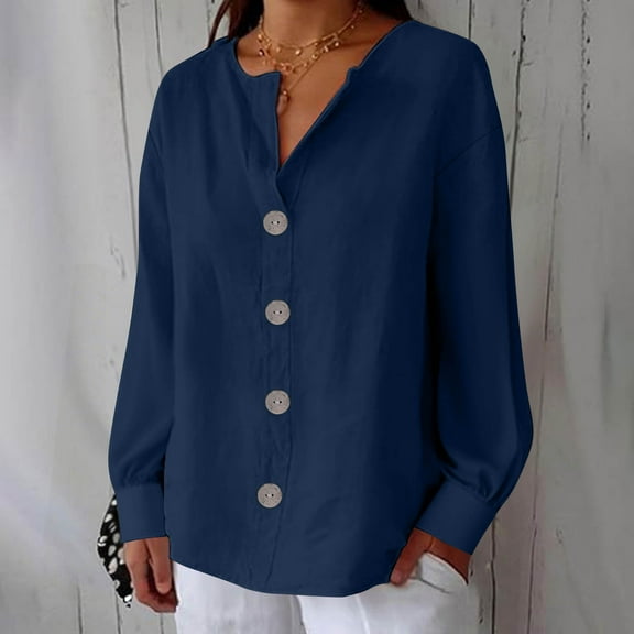 Womens Button Down Shirts Long Sleeve Cotton Gauze Tops Casual Collared Blouses Loose Fit Navy L