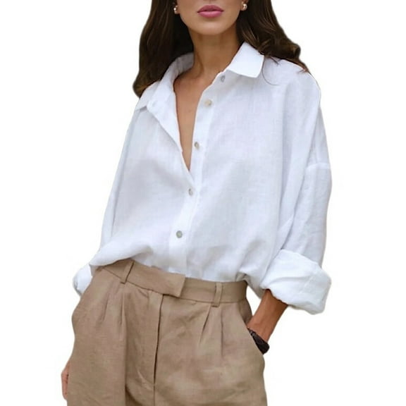 Womens Button Down Shirts Long Sleeve Cotton Gauze Tops Casual Collared Blouses Loose Fit White S