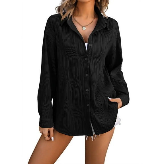 Womens Button Down Shirts Long Sleeve Dress Shirt Textured Collared Work Blouse Dressy Casual Tops Black L