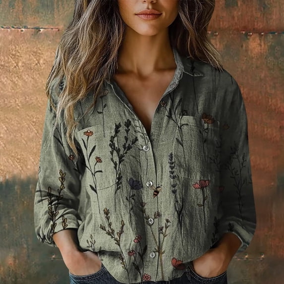 Womens Button Down Shirts Long Sleeve Lapel Collared Spring Blouses Dressy Casual Floral Printed Business Work Tops