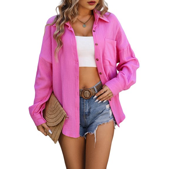 Womens Button Down Shirts Long Sleeve Oversized Boyfriend Blouses Collared Tops with Pockets Rose Red XXL