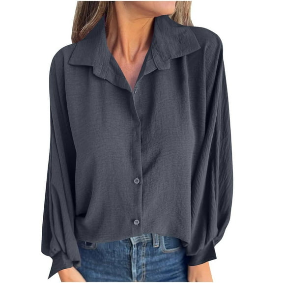Womens Button Down Shirts Long Sleeve Plus Size Puff Sleeves Shirt Casual Loose Fall and Winter T Shirt Lapel Tops