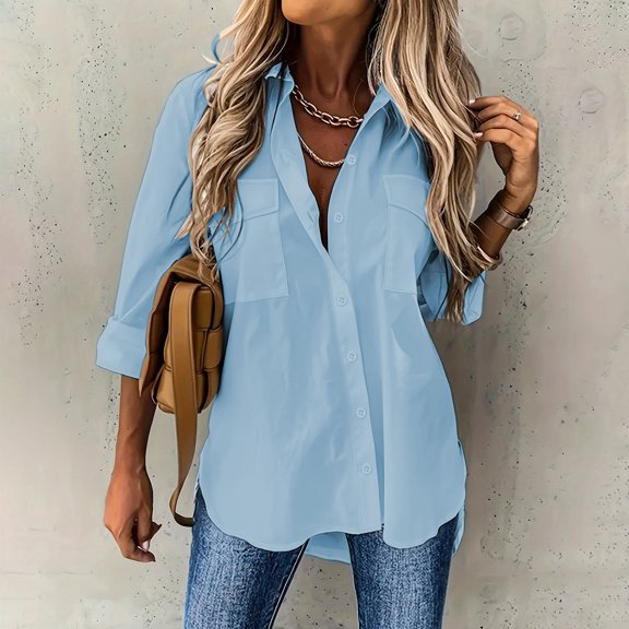 Womens Button Down Shirts Long Sleeve Solid Business Casual Collared Tunic Blouse (Blue M)