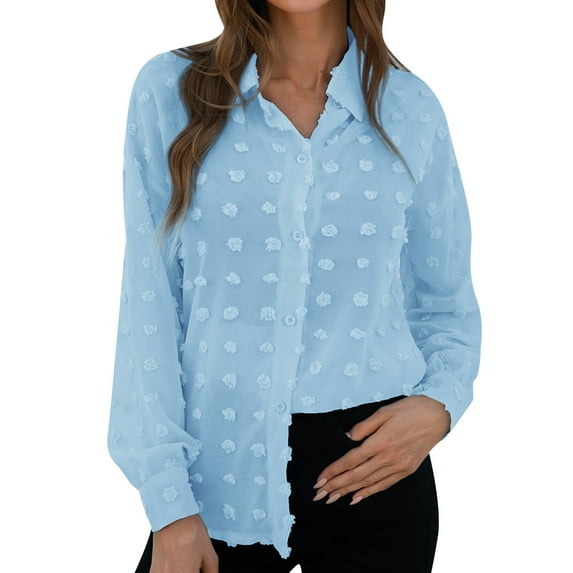 Womens Button Down Shirts Long Sleeve Solid Color Lapel Jacquard Casual Loose Blouse T Shirts