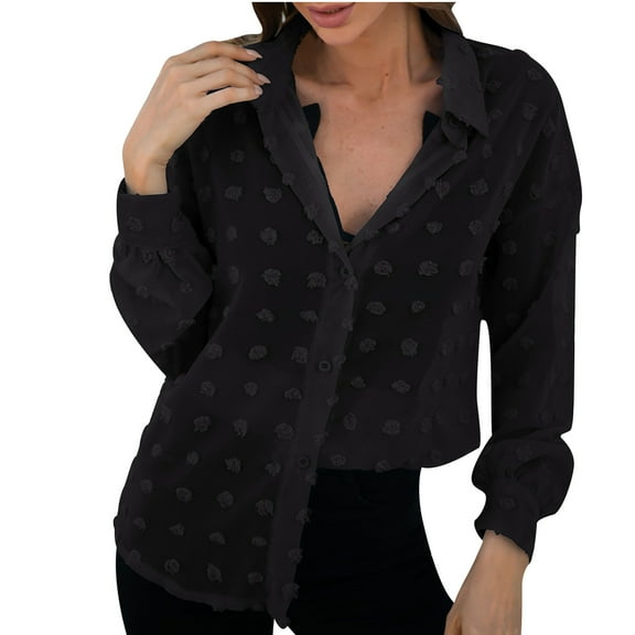 Womens Button Down Shirts Long Sleeve Solid Color Lapel Jacquard Casual Loose Blouse T Shirts