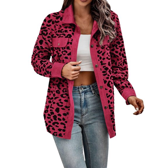Womens Button Down Shirts Long Sleeves Oversized Leopard Print Corduroy Shirts Long Sleeves Jackets Coats With Pockets winter coats for women