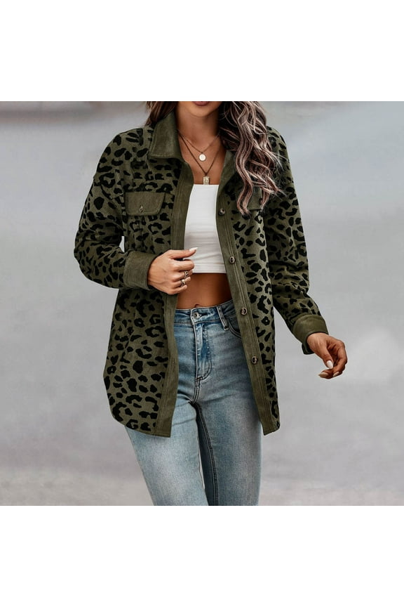 Womens Button Down Shirts Long Sleeves Oversized Leopard Print Corduroy Shirts Long Sleeves Jackets Coats With Pockets