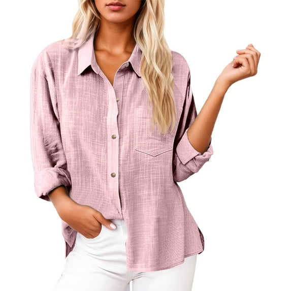 Womens Button Down Shirts Novelty Cotton Linen Solid Long Sleeved Lapel Collar Tops Summer Trendy Casual Relaxed Fit Tops with Pocket