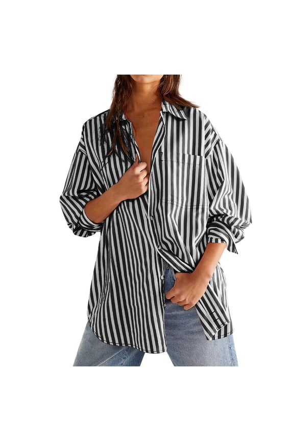 Womens Button Down Shirts Oversized Boyfriend Striped Classic Long Sleeve Collared Office Work Blouses Tops with Pocket