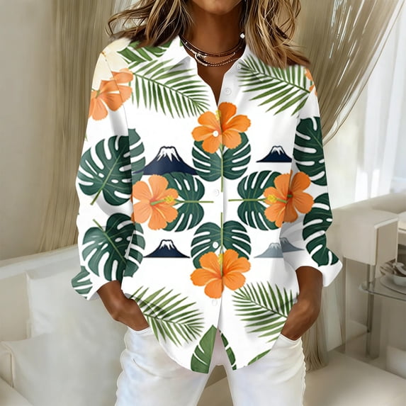 Womens Button Down Shirts Oversized Long Sleeve Floral Printed Blouses Casual Work Tops Drop Shoulder Outfit Clothes White L