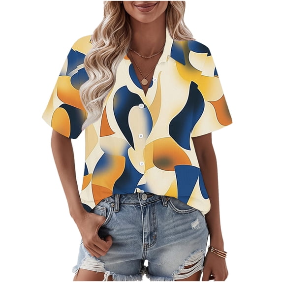 Womens Button Down Shirts Oversized Short Sleeve Floral Printed Blouses Casual Work Tops Drop Shoulder Outfit Clothes White Button Down