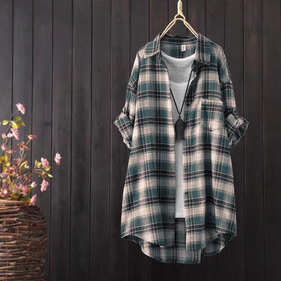 Womens Button Down Shirts Plaid Long Sleeve Lapel Collared Summer Spring Tops Business Casual Dressy Work Blouses
