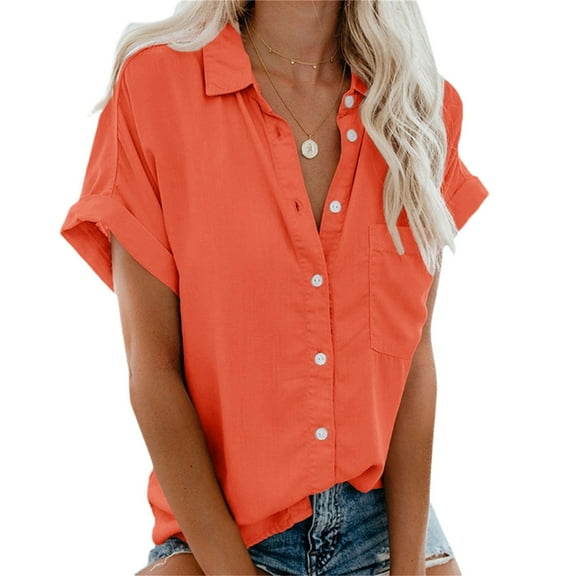 Womens Button Down Shirts Pocket Cap Sleeve Solid Color Tops