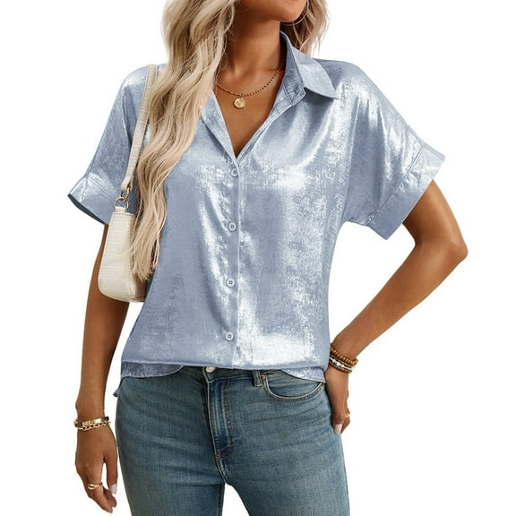 Womens Button Down Shirts Sequin Solid Dressy Casual Lapel Collar V-Neck Short Sleeved Blouses Tops Relaxed Fit Casual Work Blouses