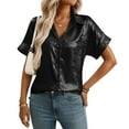 thumbnail image 1 of Womens Button Down Shirts Sequin Solid Dressy Casual Lapel Collar V-Neck Short Sleeved Blouses Tops Relaxed Fit Casual Work Blouses, 1 of 8