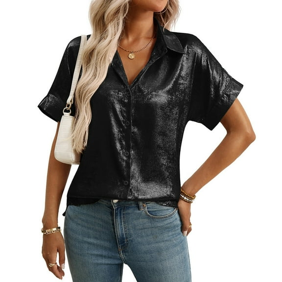 Womens Button Down Shirts Sequin Solid Dressy Casual Lapel Collar V-Neck Short Sleeved Blouses Tops Relaxed Fit Casual Work Blouses