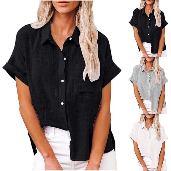 Womens Button Down Shirts Short Sleeve Linen Style Cotton Collared Button Up Casual Blouses Oversized Loose Fit Blouse Beach Office Tops