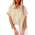 thumbnail image 1 of Womens Button Down Shirts Short Sleeve Linen Style Cotton Collared Button Up Casual Blouses Oversized Loose Fit Blouse Beach Office Tops, 1 of 2