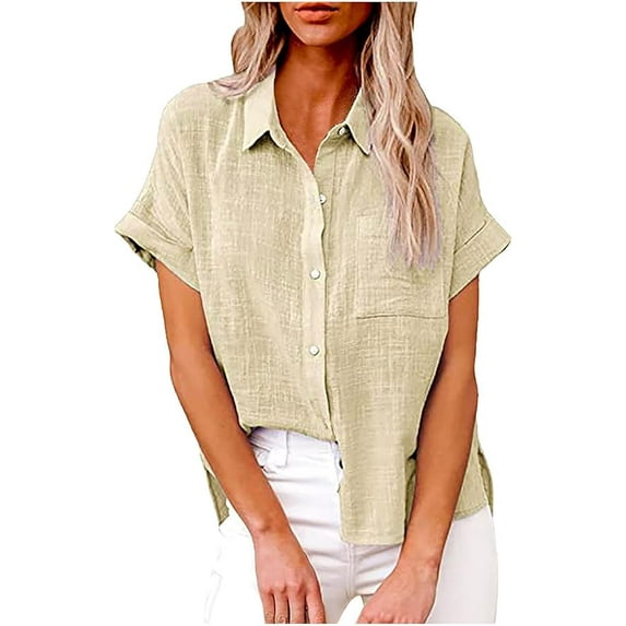 Womens Button Down Shirts Short Sleeve Linen Style Cotton Collared Button Up Casual Blouses Oversized Loose Fit Blouse Beach Office Tops
