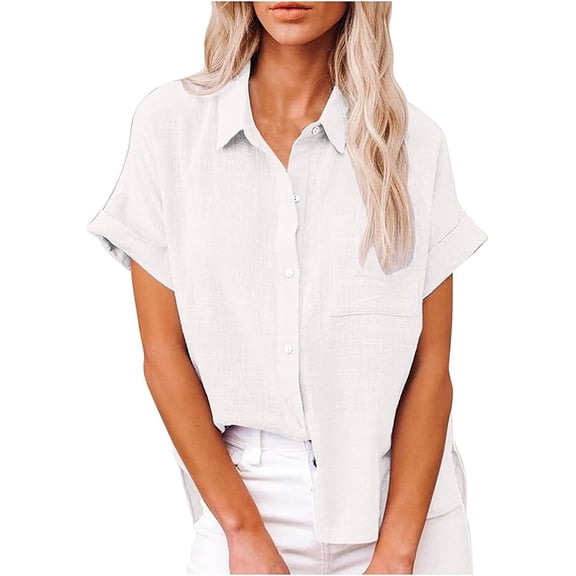 Womens Button Down Shirts Short Sleeve Linen Style Cotton Collared Button Up Casual Blouses Oversized Loose Fit Blouse Beach Office Tops