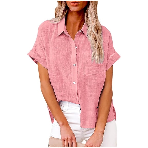 Womens Button Down Shirts Short Sleeve Linen Style Cotton Collared Button Up Casual Blouses Oversized Loose Fit Blouse Beach Office Tops