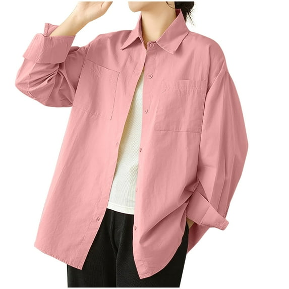 Womens Button Down Shirts Solid Color Long Sleeve Business Casual Blouse Top Pink XXL
