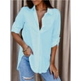 thumbnail image 1 of Womens Button Down Shirts Solid Dress Shirts Long Sleeve Flowy Collared Work Office Business Blouses Tops Blue XL, 1 of 3