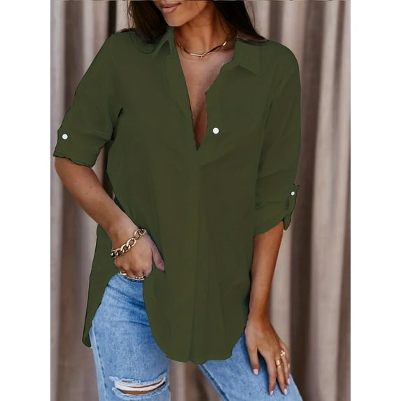 Womens Button Down Shirts Solid Dress Shirts Long Sleeve Flowy Collared Work Office Business Blouses Tops Green XXL
