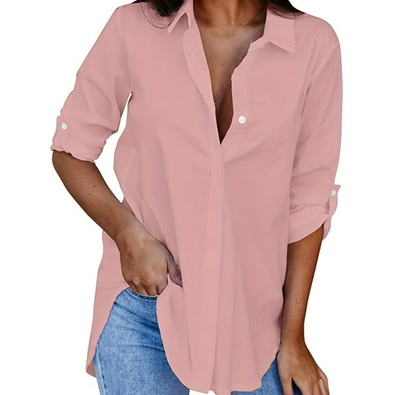 Womens Button Down Shirts Solid Dress Shirts Long Sleeve Flowy Collared Work Office Business Blouses Tops Pink XXL
