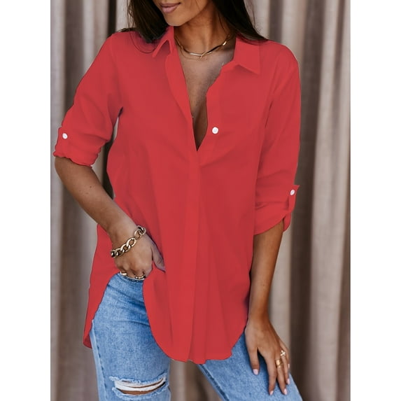 Womens Button Down Shirts Solid Dress Shirts Long Sleeve Flowy Collared Work Office Business Blouses Tops Red M