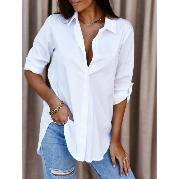 Womens Button Down Shirts Solid Dress Shirts Long Sleeve Flowy Collared Work Office Business Blouses Tops White M