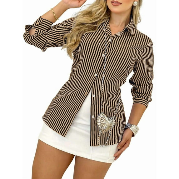 Womens Button Down Shirts Striped Classic Long Sleeve Collared Office Work Blouses Tops Khaki XL
