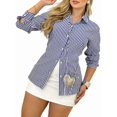 thumbnail image 1 of Womens Button Down Shirts Striped Classic Long Sleeve Collared Office Work Blouses Tops Navy Blue L, 1 of 5