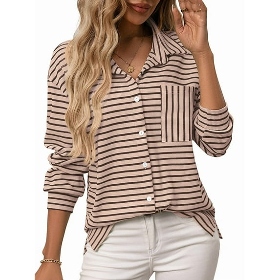 Womens Button Down Shirts Striped Classic Long Sleeve Collared Office Work Blouses Tops with Pocket Khaki S