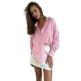 thumbnail image 1 of Womens Button Down Shirts Striped Classic Long Sleeve Collared Office Work Blouses Tops with Pocket Pink XL, 1 of 7