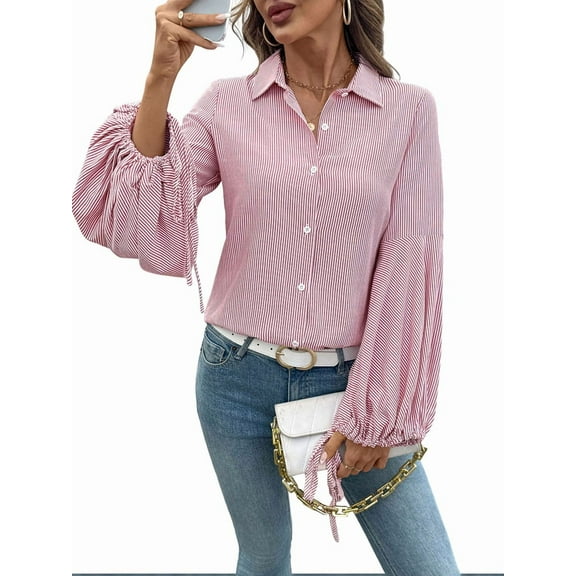 Womens Button Down Shirts Striped Long Sleeve Blouses with Pocket Casual Collar Office Work Tops Red XL