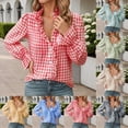 thumbnail image 1 of Womens Button Down Shirts Summer Long Sleeve Ruffle Neck Fashion Blouses Dressy Casual Plaid Business Work Tops, 1 of 6
