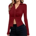 thumbnail image 1 of Womens Button Down Shirts V-Neck Collared Ruched Slim Fit Long Sleeve Shirt Casual Fall Fashion Ladies Tops, 1 of 7