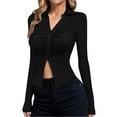 thumbnail image 1 of Womens Button Down Shirts V Neck Collared Ruched Slim Fit Long Sleeve Shirt Casual Fall Fashion Ladies Tops, 1 of 6