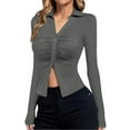 thumbnail image 1 of Womens Button Down Shirts V Neck Collared Ruched Slim Fit Long Sleeve Shirt Casual Fall/Winter Ladies Tops, 1 of 6