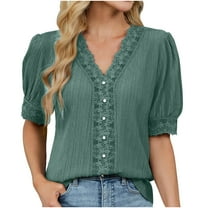 Womens Button Down Shirts V Neck Lace Crochet Dressy Casual Tops Short Sleeve Work Summer Outfits 2025