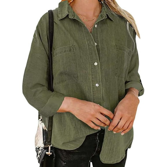 Womens Button Down Shirts V Neck Loose Casual Shirt Green S