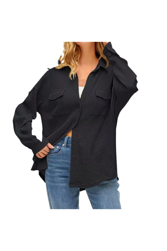 Womens Button Down Shirts Waffle Solid Color Lapel Collar Long Sleeved Tunic Blouses Stretch Comfy Loose Fit Tops with Pockets