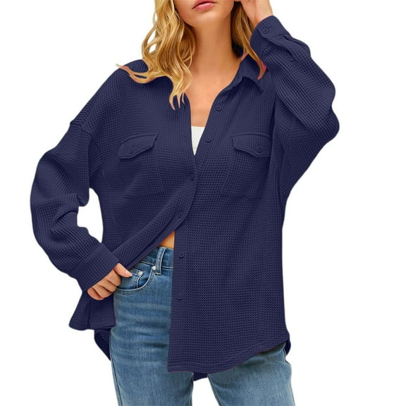 Womens Button Down Shirts Waffle Solid Color Lapel Collar Long Sleeved Tunic Blouses Stretch Comfy Loose Fit Tops with Pockets
